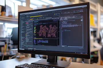 Fototapeta premium Computer with bioinformatics software, displaying gene editing processes