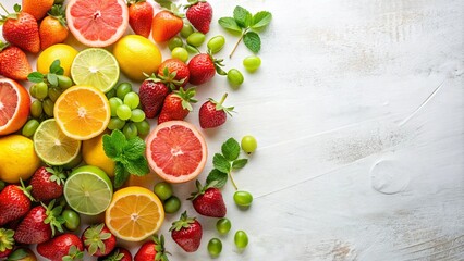A vibrant assortment of fresh summer fruits including strawberries, citrus slices, and green grapes arranged on a rustic white wooden surface.