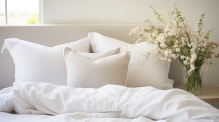 Cozy White Bedroom with Fluffy Pillows and Fresh Floral Arrangement on Wooden Nightstand
