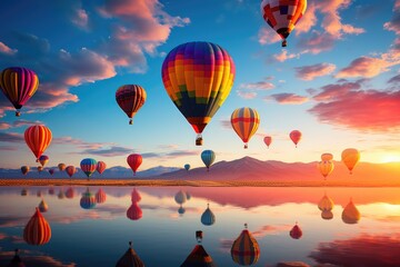 Naklejka premium Hot air balloons over lake at sunset