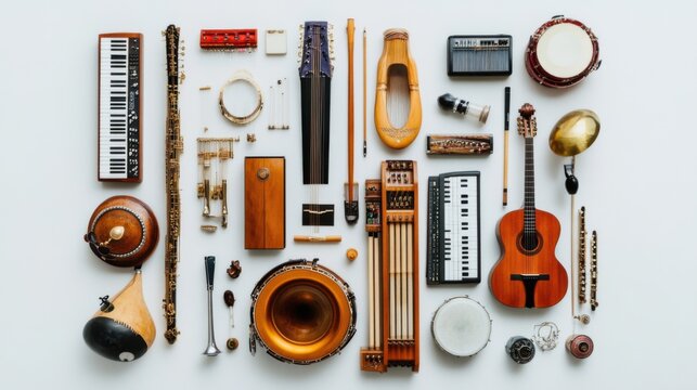 A collection of diverse musical instruments arranged in a harmonious, abstract composition, Representing the symphony created by different cultural sounds and rhythms