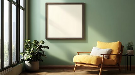 Frame mockup on a sage green accent wall in a minimalist, cozy living room