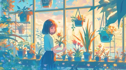 Plant garden illustration, calm lofi anime style