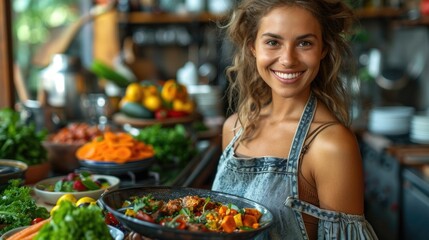 Obraz premium Woman smiling while holding a fresh salad