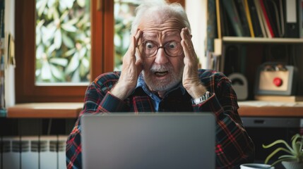 Frustrated Elderly Man Using Laptop in Cozy Home Office Environment