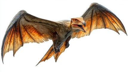 Obraz premium A detailed illustration of a prehistoric flying reptile with vibrant wings and a fierce expression.