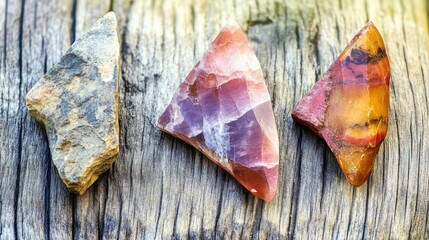 Close-up of ancient stone tools, sharp flint knives, and polished axes on a weathered wooden surface, symbolizing prehistoric craftsmanship and the dawn of human ingenuity.