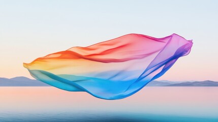 A compelling depiction of a rainbow flag unfurling over a serene landscape, Representing the spectrum of human identities and inclusivity, minimalist style