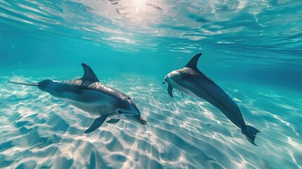 Obraz premium Two dolphins swimming in clear blue water