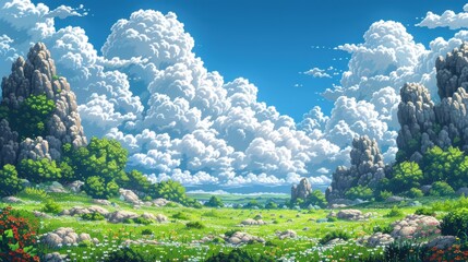 Green meadow with rock formations and white clouds