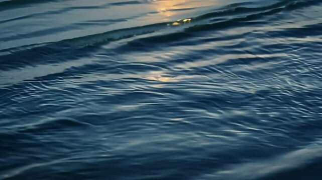 Subtle water waves glowing under soft moonlight, creating a tranquil, nighttime atmosphere. Static video with ethereal lighting.