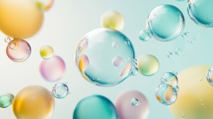 Fototapeta premium A compelling scene of various-sized, colorful bubbles floating and merging into a single, clear sphere against a soft background