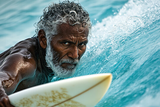 Close-up of a determined surfer riding a wave, eyes focused on the next move