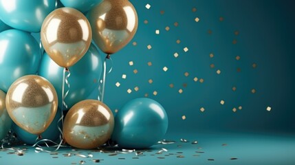 Gold and blue balloons against a blue background