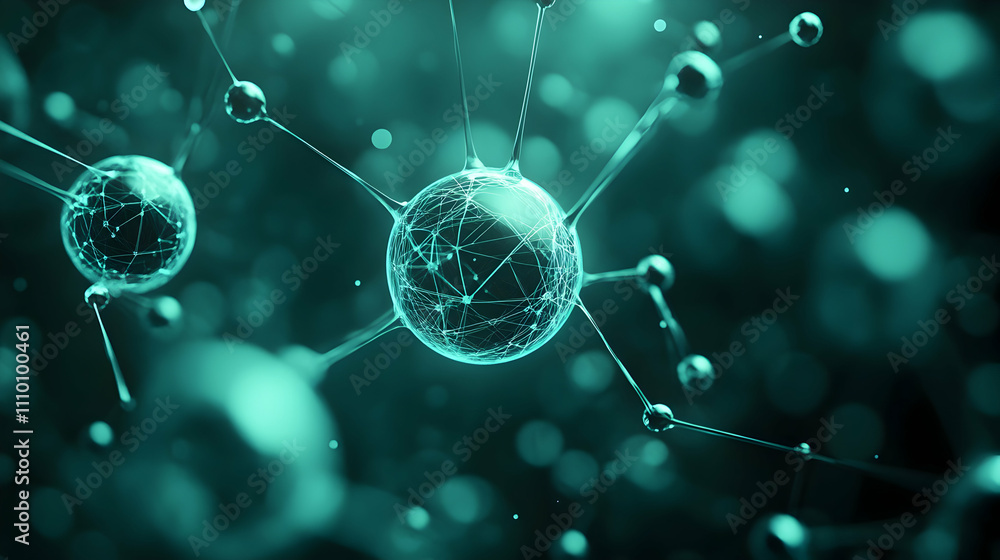 Poster abstract teal spheres connected by lines, representing molecular structures or networks.