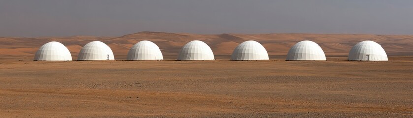 Obraz premium Futuristic Habitat Domes in Desert Landscape Representing Concepts of Shelter, Sustainability, and Innovation for Space or Earth Settlements
