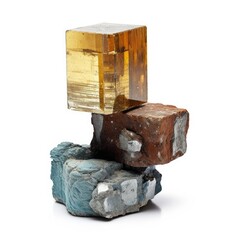 Amber cube balanced on weathered bricks and concrete.