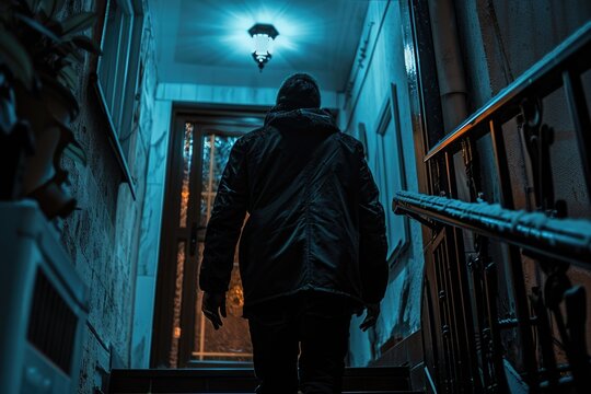 Person walking up stairs in a dark hallway