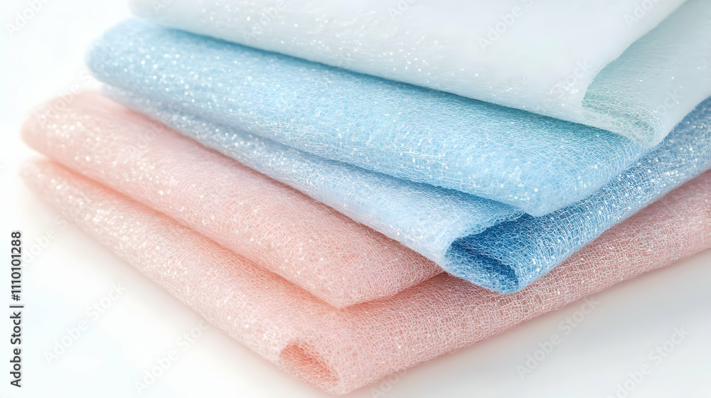 Poster a stack of sparkling, pastel-colored cloths arranged neatly for various uses.