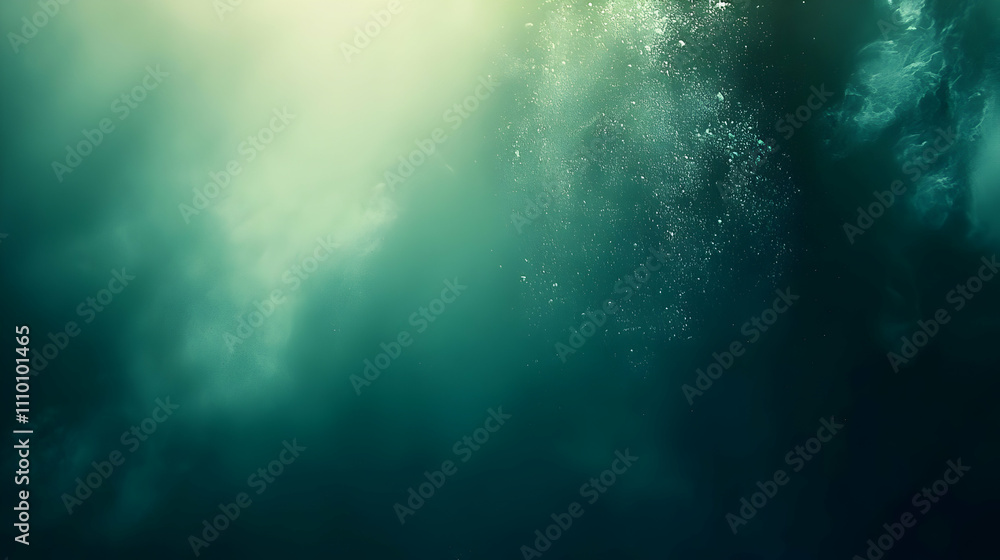 Poster abstract underwater scene with soft light and bubbles, evoking tranquility and depth.