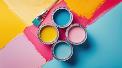 Colorful paint cans on geometric background