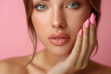 Obraz premium Woman with pink nails and makeup