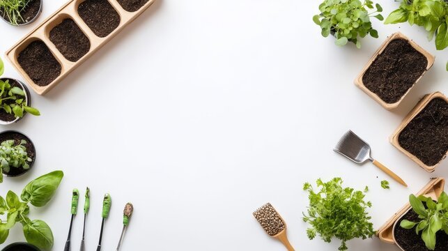 Gardening Tools and Seeds Arrangement on White Background