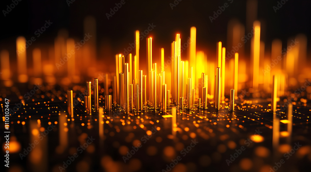 Poster a vibrant, abstract visualization of golden spikes rising from a dark surface, creating a dynamic an