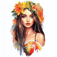 A young woman adorned with flowers and jewelry looks forward in an elegant portrait.