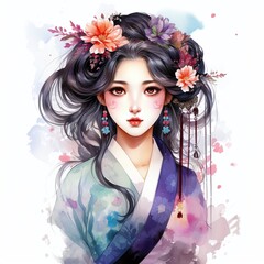 A young woman adorned with flowers and jewelry looks forward in an elegant portrait.