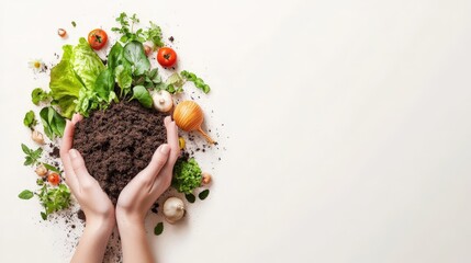 Hands Holding Soil with Fresh Vegetables and Herbs