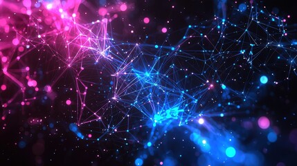 Obraz premium A glowing abstract pattern of interconnected neon circuits in vibrant blue and purple hues. The dynamic lines form a futuristic network on a sleek black background, symbolizing high-tech connectivity 
