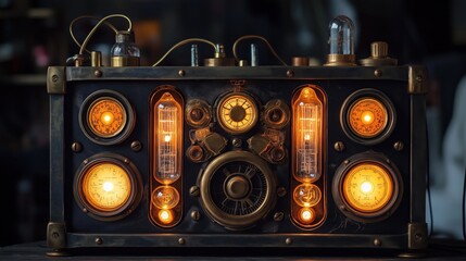 Steampunk Inspired Radio Featuring Intricate Brass Design With Glowing Dials and Vacuum Tubes on a Vintage Workbench