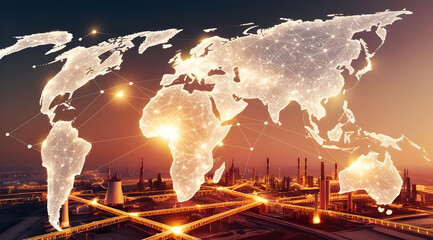 A glowing world map overlaid on an industrial landscape, symbolizing global connectivity, technology, and energy.