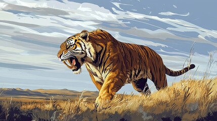 Obraz premium Majestic Saber Toothed Tiger Stalking Across Grasslands