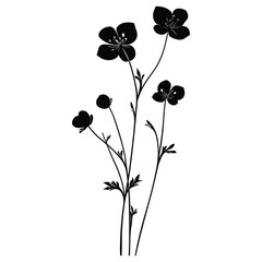 A black and white Silhouettes of blooming flowers set with white background