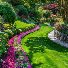 Selbstklebende Fototapeten Beautifully Manicured Garden Pathway with Lush Green Lawn and Vibrant Flower Beds © Boomanoid