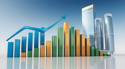 Obraz premium A vibrant financial graphic showing rising bar charts and sleek skyscrapers, symbolizing growth and success in business.
