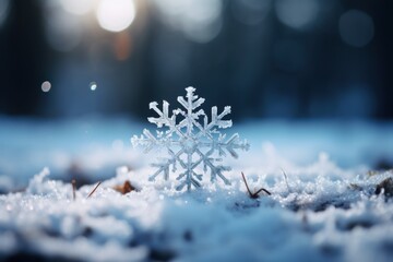 a snowflake falling on the ground，Macro photography, closeup photography,