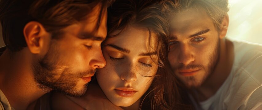 Young Woman Between Two Men in Dramatic Lighting Passion, Romance, and Intensity