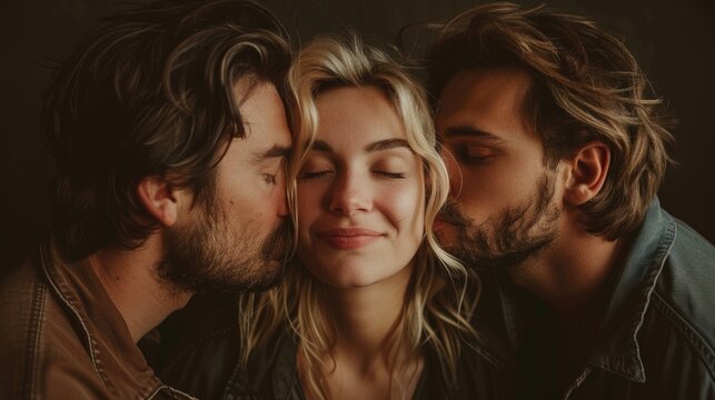 Young Woman Between Two Men in Dramatic Lighting Passion, Romance, and Intensity