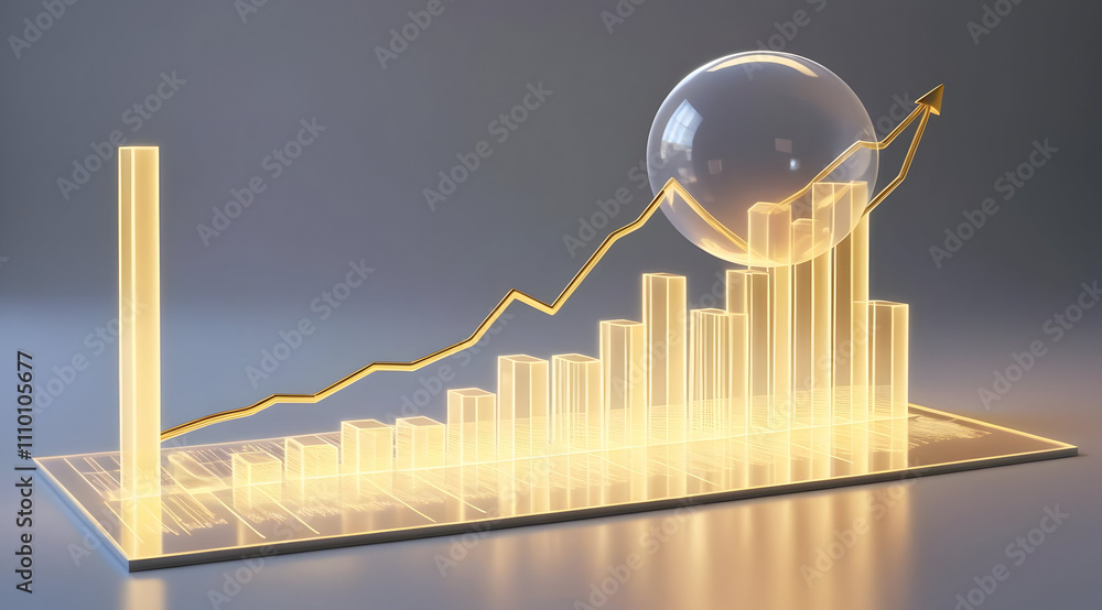 Poster a glowing bar chart with an upward trend and a bubble, symbolizing growth and data analysis in a mod