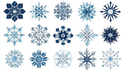 Twelve Unique Blue Snowflakes Winter Design