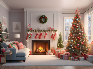Vibrant Christmas Decorations with Red Ribbons and Fairy Lights