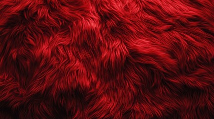 Fototapeta premium A close-up of vibrant red shaggy texture, resembling plush faux fur or carpet, offering a cozy, luxurious, and bold visual with deep red tones