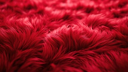 Fototapeta premium A close-up of vibrant red shaggy texture, resembling plush faux fur or carpet, offering a cozy, luxurious, and bold visual with deep red tones