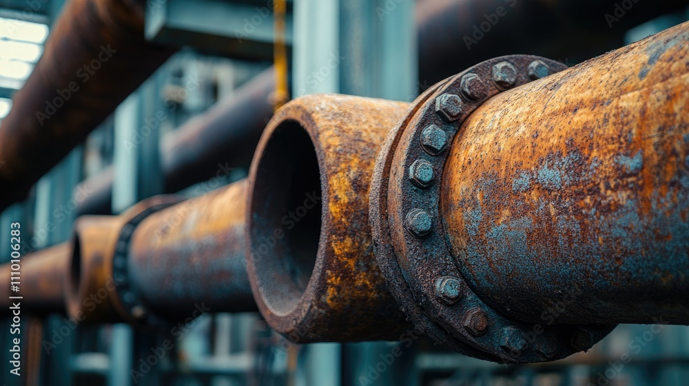 Poster a close-up view of rusted metal pipes in an industrial warehouse, emphasizing the texture of rust an