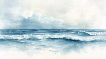 Fototapeta premium A tranquil seascape in watercolor, with soft blues blending into white-capped waves under a pale lavender sky. Gentle strokes add a sense of motion to the scene, while the subtle textures evoke 