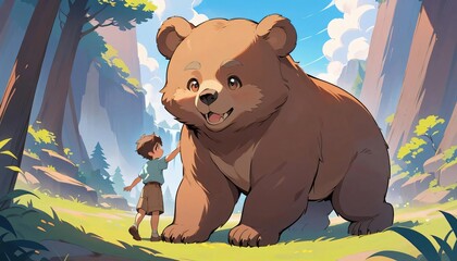 bear in the forest with a boy