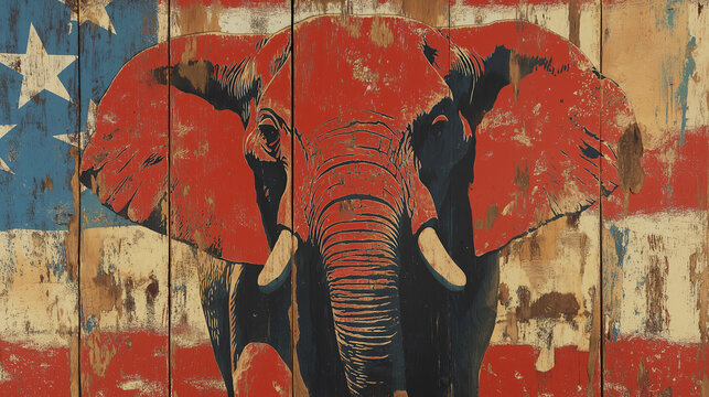 Vintage red Republican elephant USA flag background Classic political art symbolizing patriotism conservative values bold textured painting rustic American heritage texture closeup patriotic wallpaper